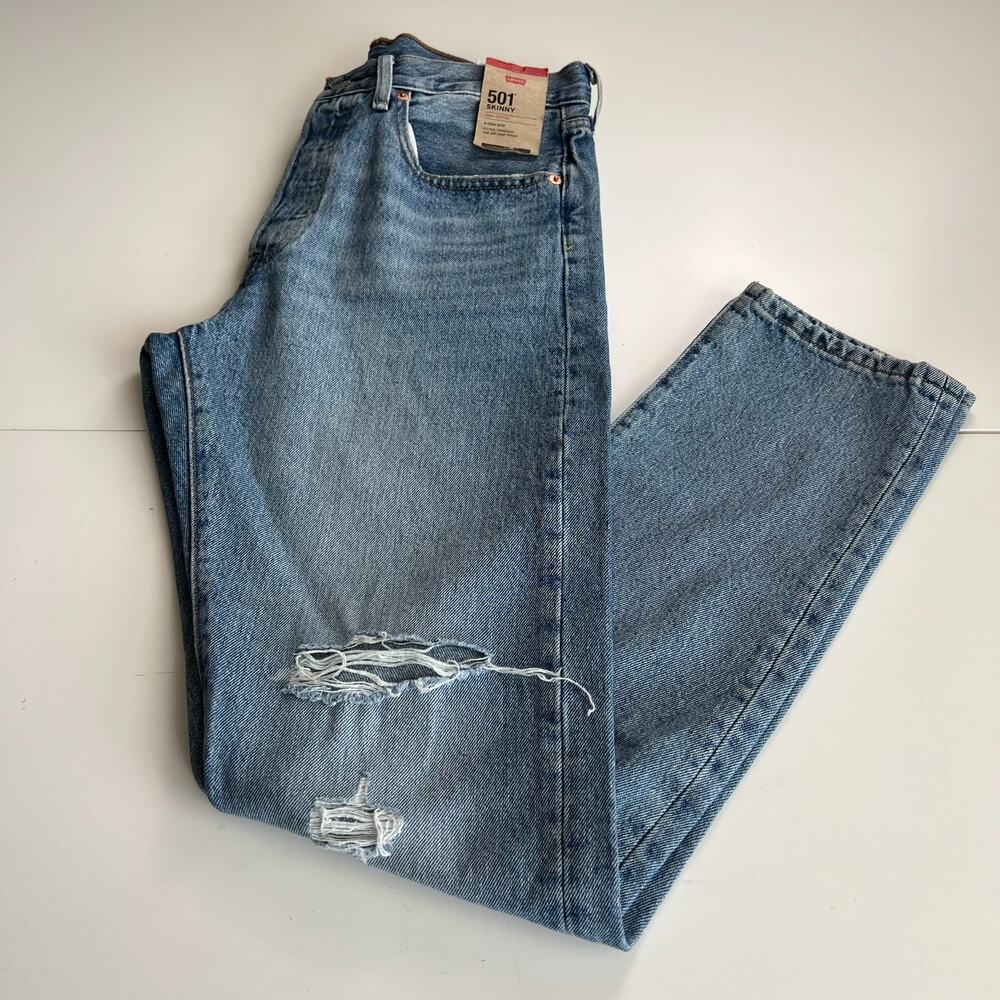 Levi's Women 501 Skinny High Rise Distressed Button Fly Jeans 30x32 Blue NWT